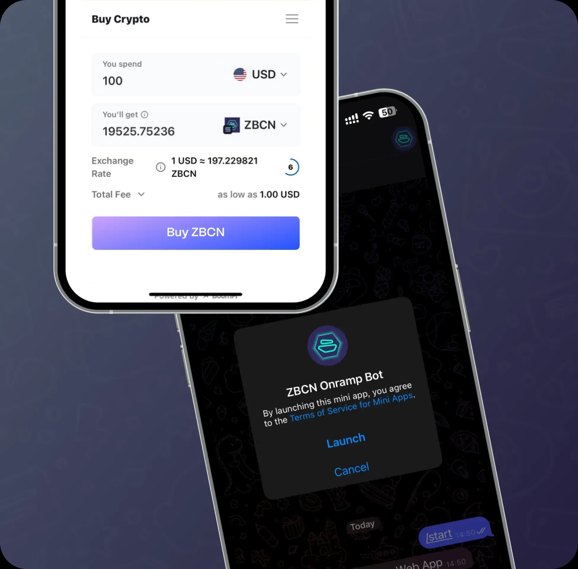 Use our Telegram bot to purchase with your credit card (KYC required)